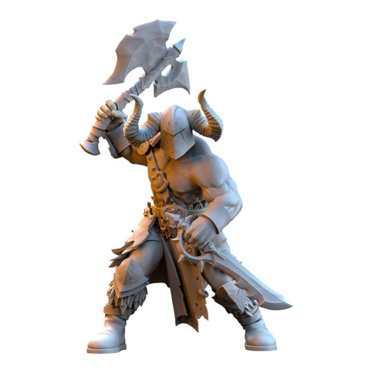 CT Miniatures UK 32mm grey resin barbarian despoiler miniature with horned helmet, dual weapons, and battle axe