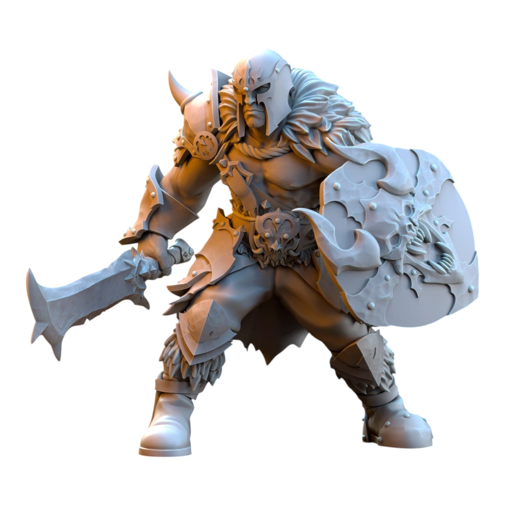 CT Miniatures UK grey resin Barbarian Despoiler miniature with sword and skull-detailed shield for tabletop gaming.