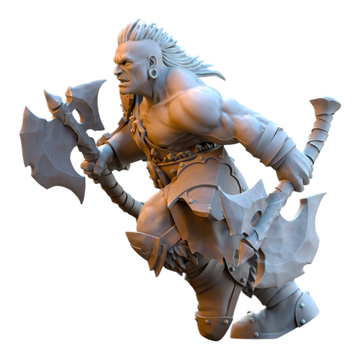 CT Miniatures UK grey resin 32mm barbarian despoiler miniature with dual axes in a dynamic running pose