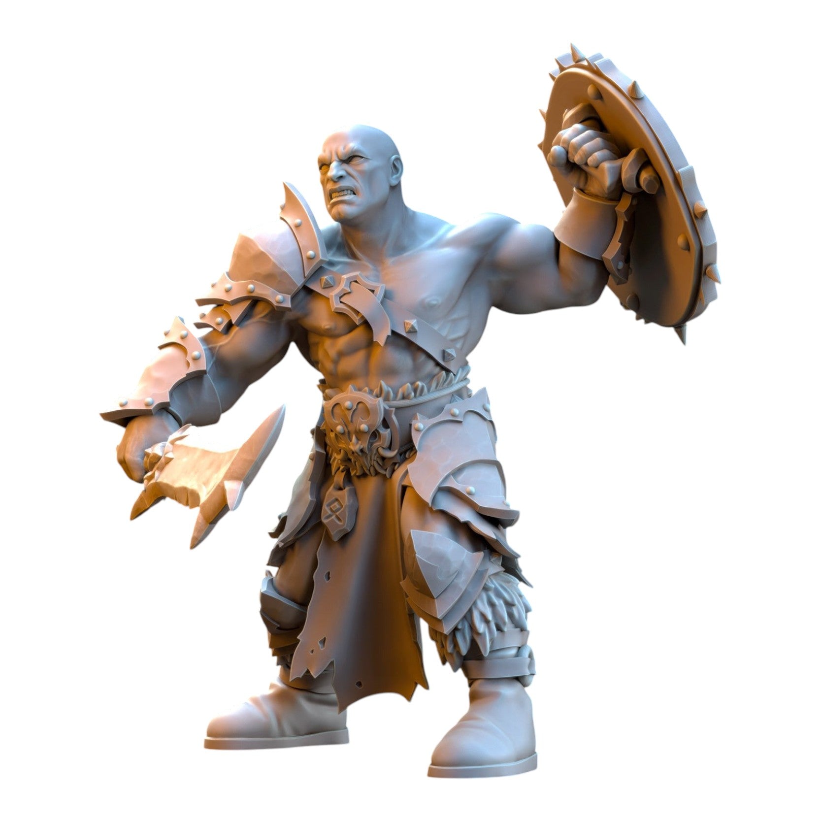CT Miniatures UK 32mm grey resin barbarian despoiler miniature with axe and spiked shield for tabletop wargaming