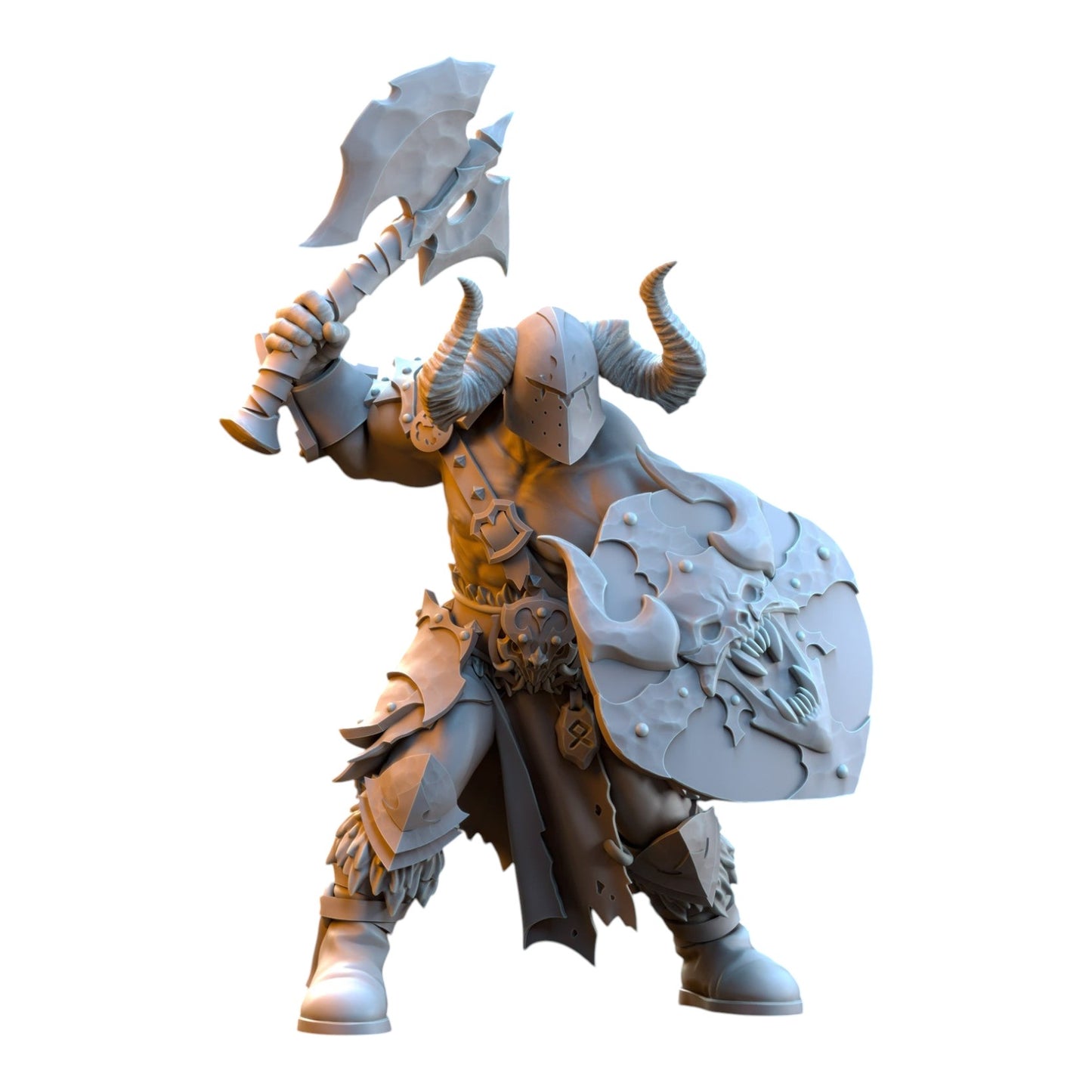 CT Miniatures UK grey resin 32mm barbarian despoiler miniature with horned helmet, battle axe, and skull shield