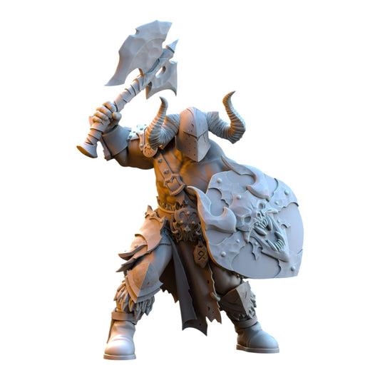 CT Miniatures UK grey resin 32mm barbarian despoiler miniature with horned helmet, battle axe, and skull shield
