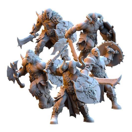 CT Miniatures UK 3D printed grey resin barbarian despoiler miniatures with weapons and shields for tabletop gaming