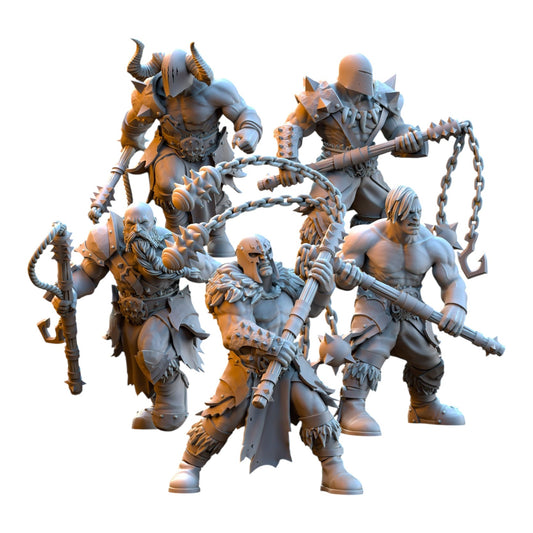 CT Miniatures UK set of five 32mm grey resin barbarian despoiler miniatures with flails for tabletop wargaming