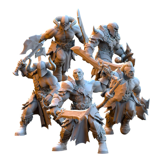 CT Miniatures UK set of five 32mm grey resin Barbarian Despoiler fantasy wargaming miniatures with dual weapons