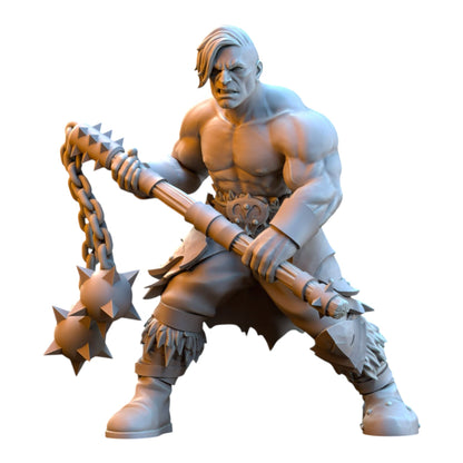 CT Miniatures UK 32mm grey resin barbarian despoiler miniature wielding a spiked flail for tabletop wargaming