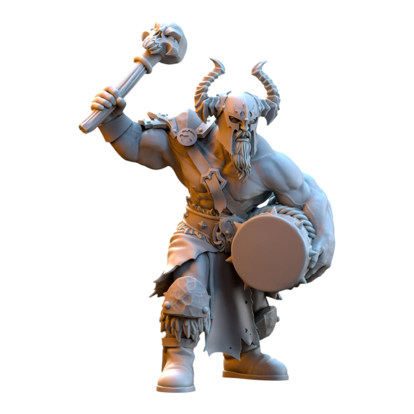 CT Miniatures UK 3D printed grey resin barbarian musician miniature with horned helmet and skull mace