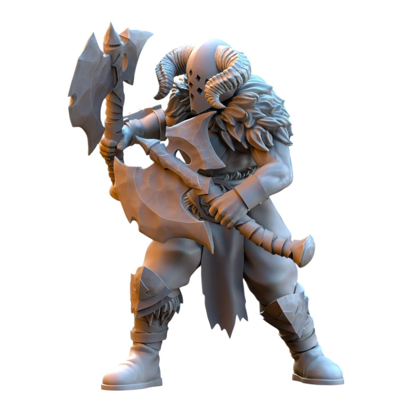 CT Miniatures UK 32mm grey resin barbarian miniature with horned helmet, fur mantle, and dual axes for tabletop gaming