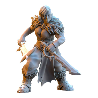 CT Miniatures UK 32mm grey resin barbarian warrior miniature with dual blades and fur-lined armor for tabletop gaming