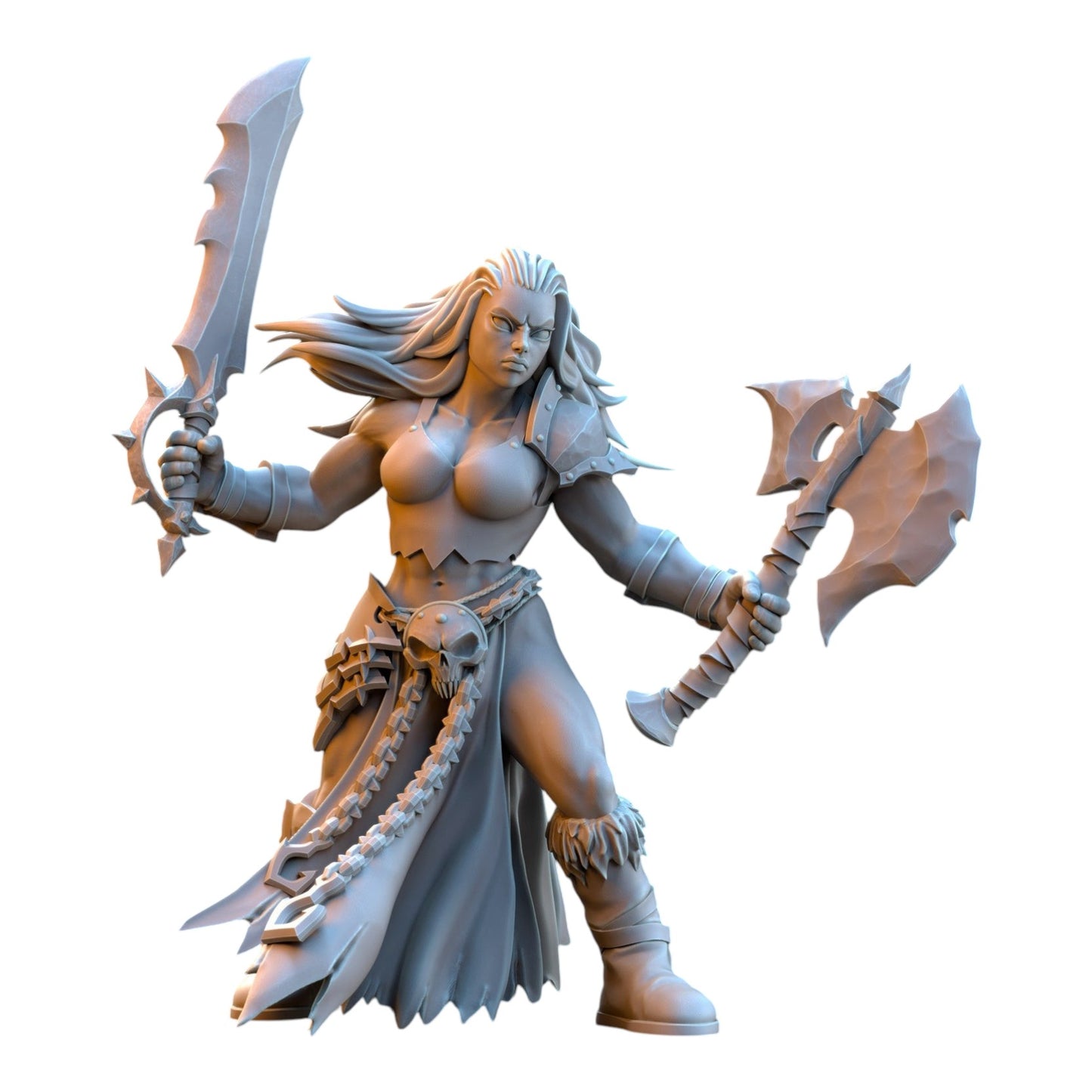 CT Miniatures UK 32mm grey resin barbarian warrior miniature wielding a sword and axe for tabletop wargaming