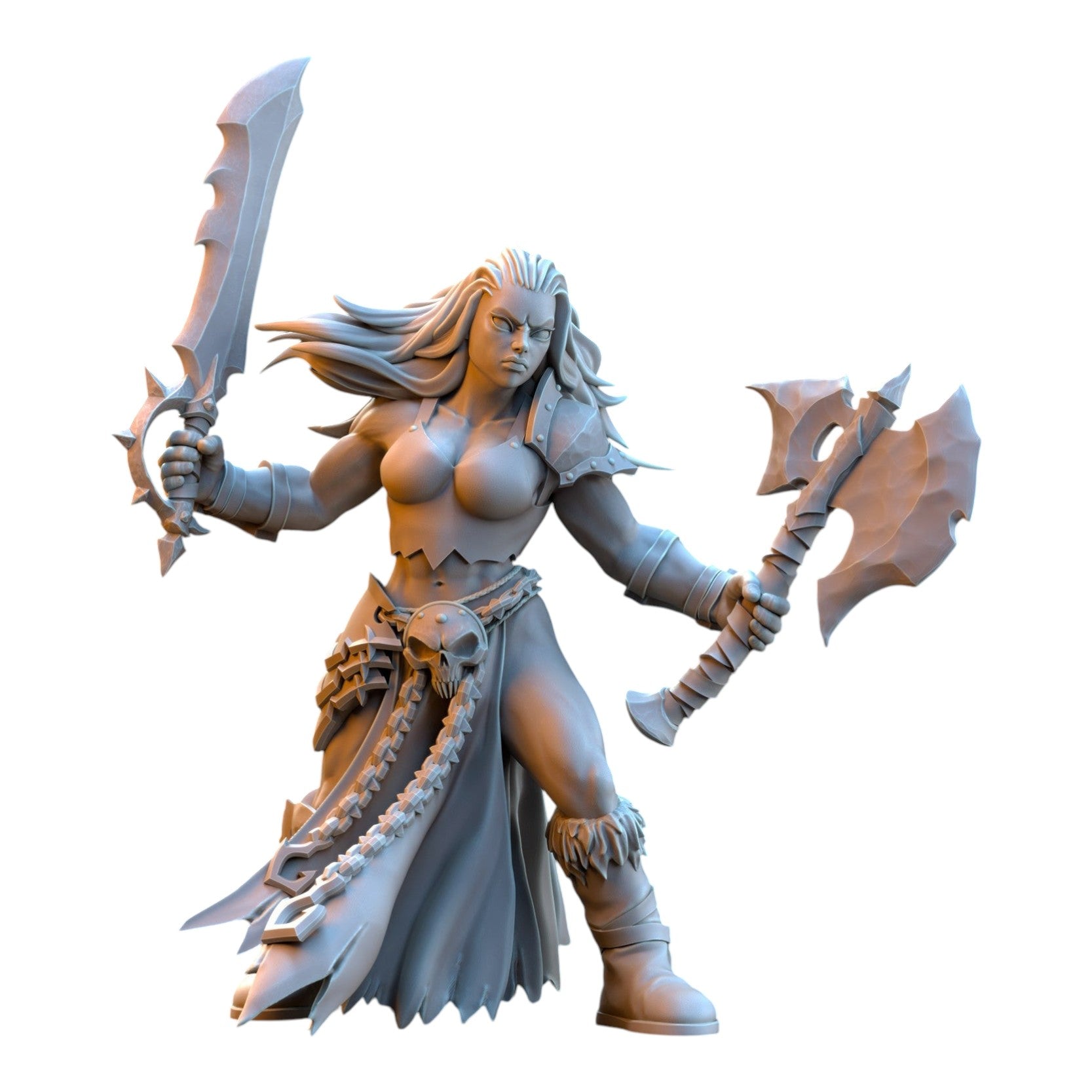 CT Miniatures UK 32mm grey resin barbarian warrior miniature wielding a sword and axe for tabletop wargaming