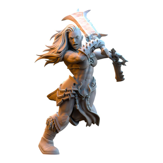 CT Miniatures UK 32mm grey resin barbarian warrior miniature wielding dual weapons in a dynamic combat pose