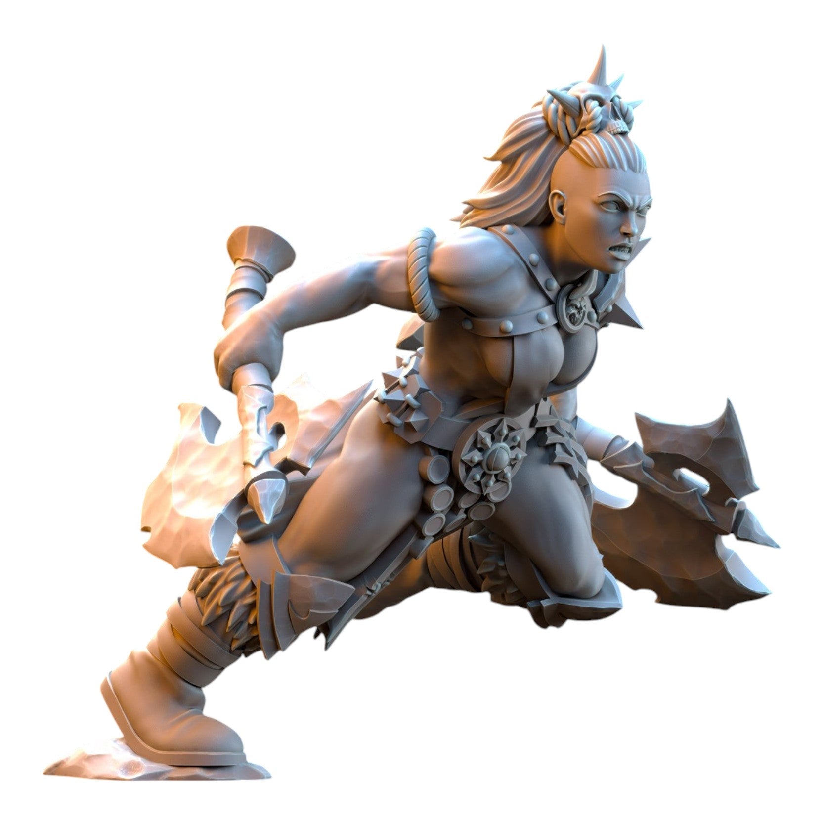 CT Miniatures UK 32mm grey resin barbarian razor miniature with dual weapons in a dynamic combat pose