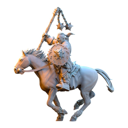 CT Miniatures UK 32mm grey resin barbarian rider miniature wielding a spiked flail and skull shield on horseback