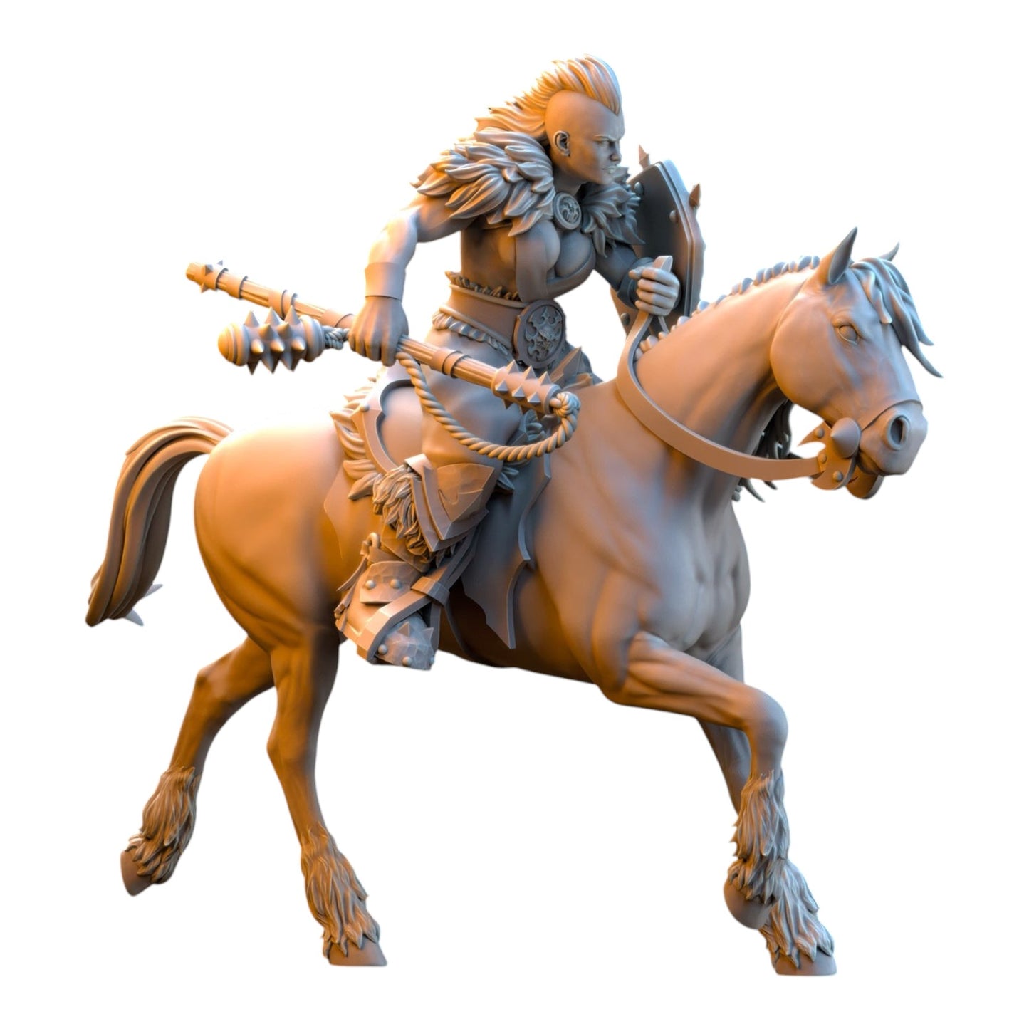 CT Miniatures UK 32mm grey resin barbarian rider miniature on horseback wielding a flail for fantasy tabletop gaming