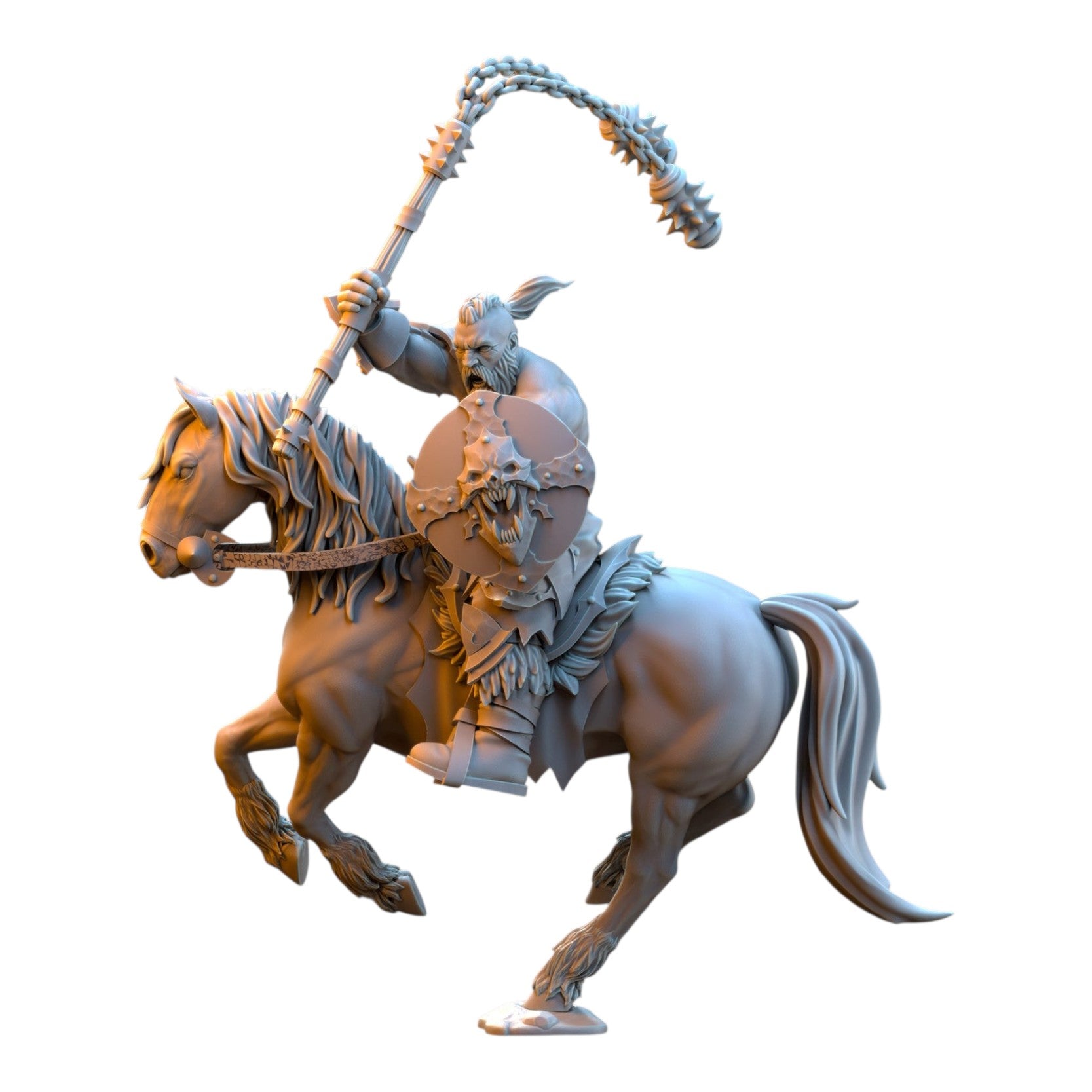 CT Miniatures UK 32mm scale grey resin barbarian rider on horseback wielding a spiked flail with a skull shield