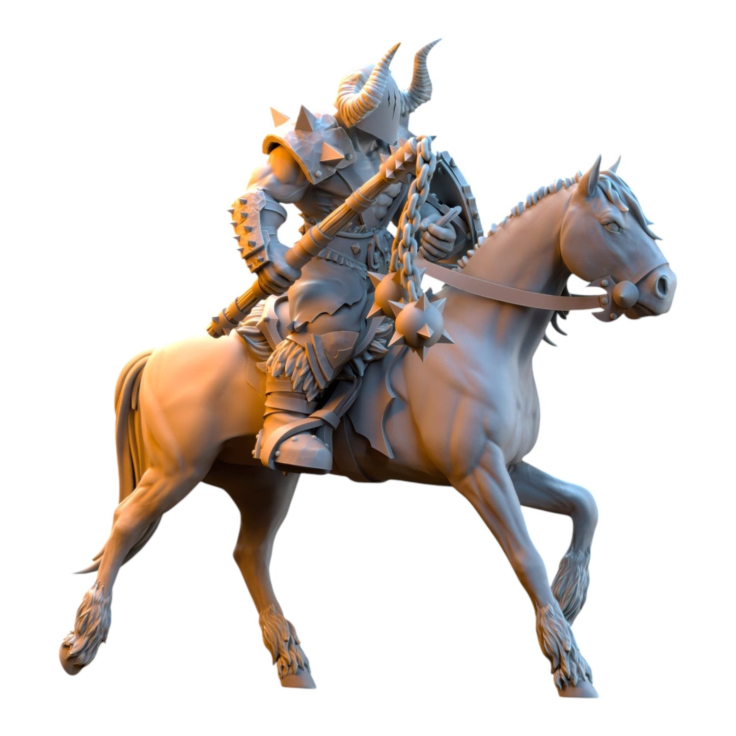 CT Miniatures UK 32mm grey resin barbarian rider miniature on horseback wielding a flail for tabletop wargaming