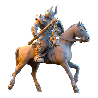CT Miniatures UK 32mm grey resin barbarian rider miniature on horseback wielding a flail for tabletop wargaming