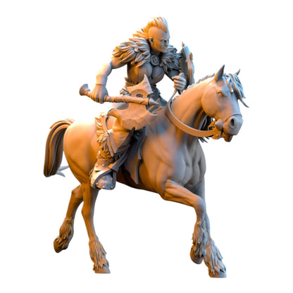 CT Miniatures UK 32mm grey resin barbarian rider miniature with axe and shield on horseback for tabletop wargaming