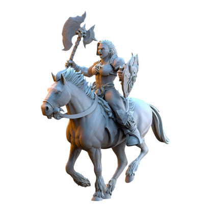CT Miniatures UK 32mm grey resin barbarian rider miniature with axe and shield on horseback for tabletop gaming