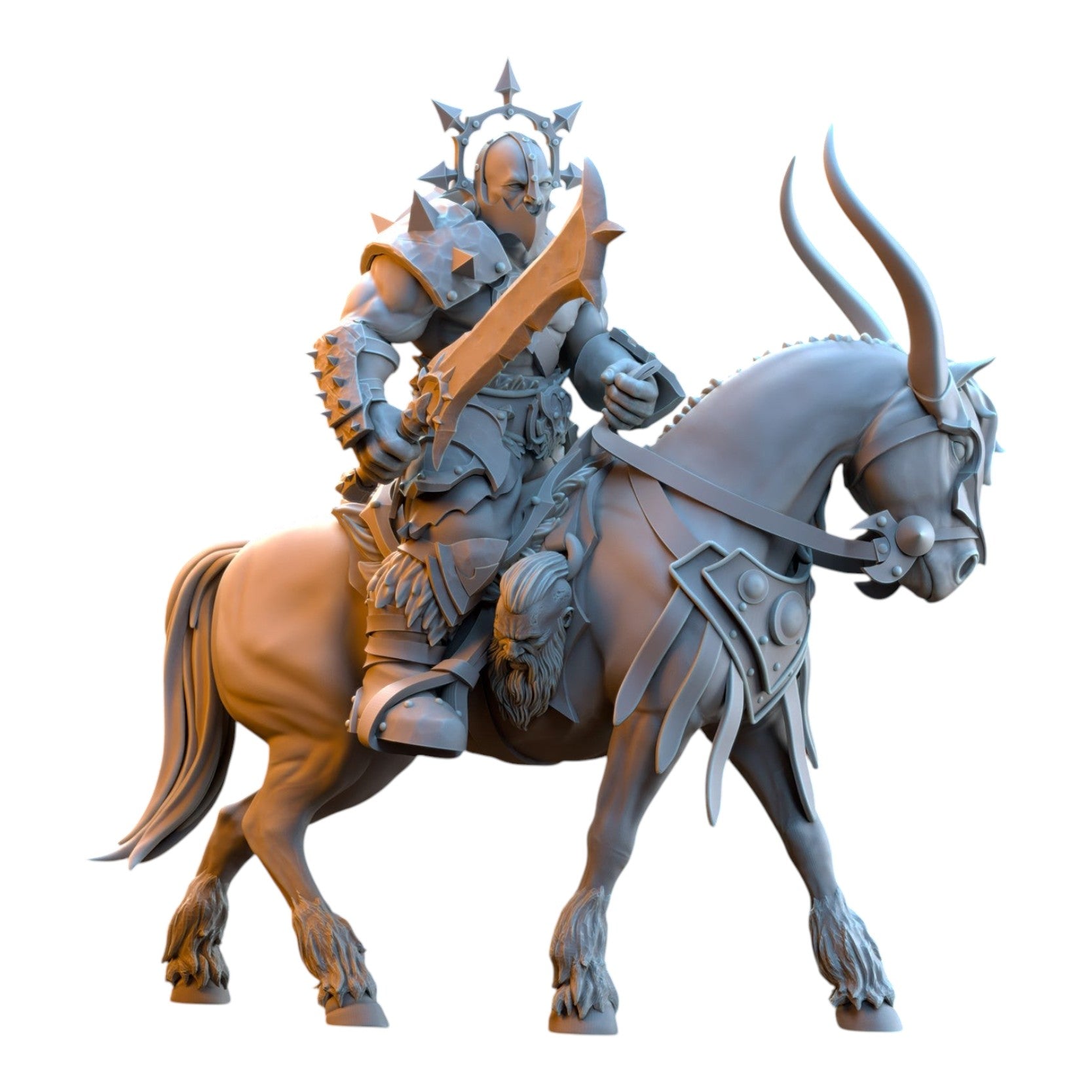 CT Miniatures UK 32mm grey resin barbarian rider miniature on horseback with spiked armor and curved blade