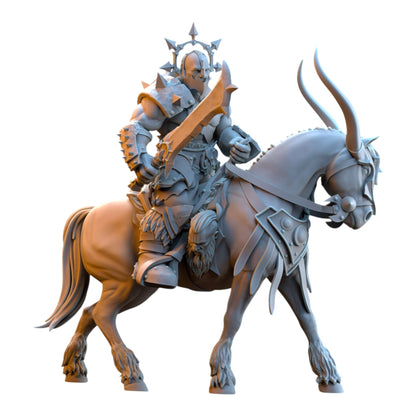 CT Miniatures UK 32mm grey resin barbarian rider miniature on horseback with spiked armor and curved blade