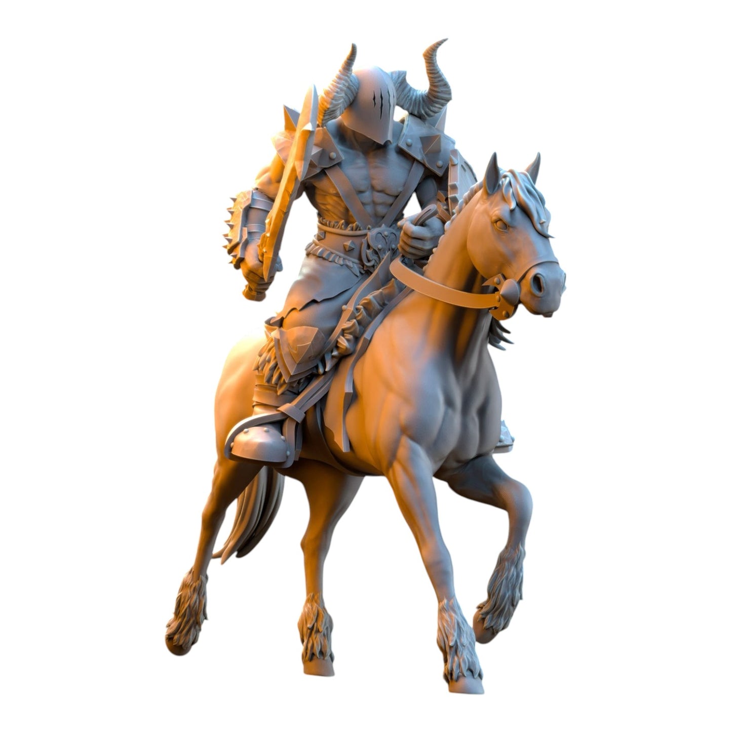 CT Miniatures UK 3D printed grey resin barbarian rider miniature with horned helmet, weapon, and shield on horseback