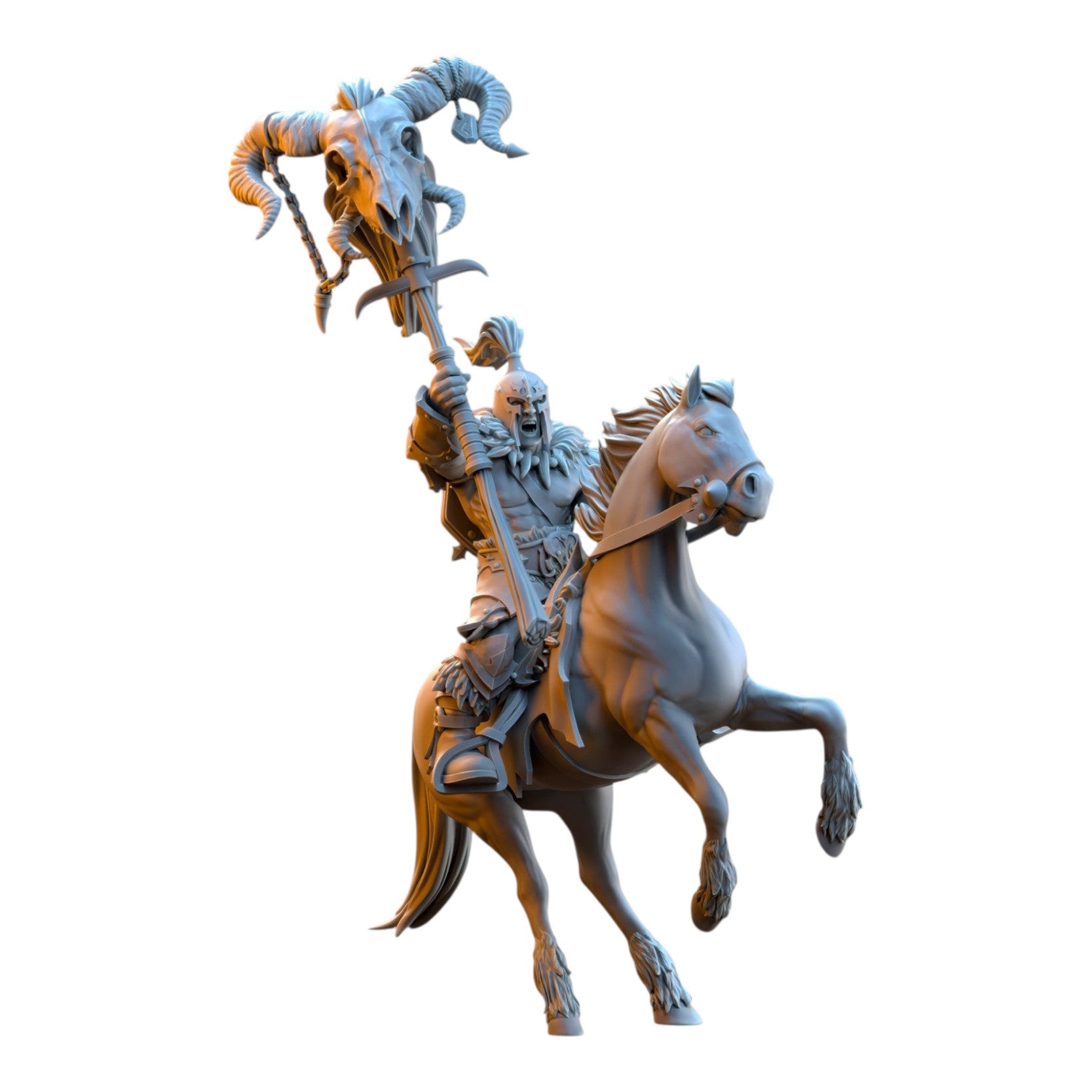 CT Miniatures UK grey resin 32mm barbarian rider miniature with a ram skull standard on a rearing horse