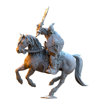 CT Miniatures UK 32mm grey resin barbarian rider miniature with sword and skull shield on horseback for tabletop gaming