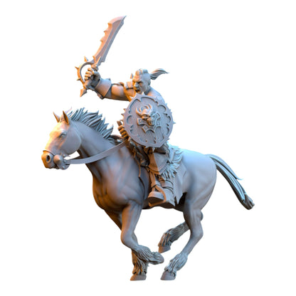 CT Miniatures UK grey resin barbarian rider miniature on horseback with sword and skull shield for tabletop gaming
