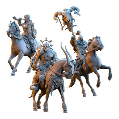 CT Miniatures UK Barbarian Riders command group featuring a sergeant, musician, and standard bearer on horseback.