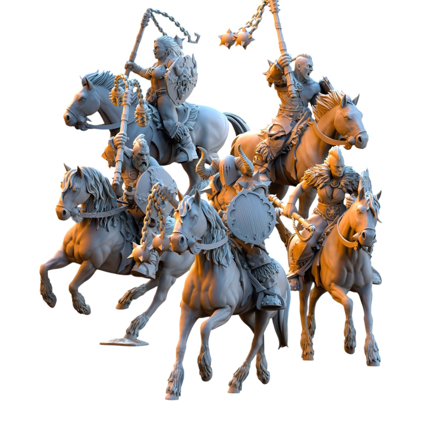 CT Miniatures UK set of five 32mm grey resin barbarian riders on horseback wielding flails for tabletop wargaming