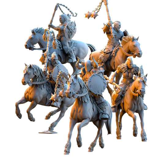 CT Miniatures UK set of five 32mm grey resin barbarian riders on horseback wielding flails for tabletop wargaming