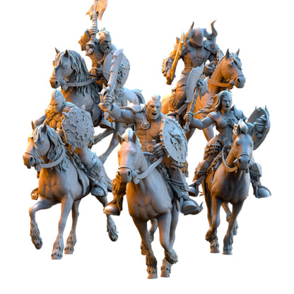 CT Miniatures UK set of five 3D printed grey resin barbarian riders with weapons and shields for tabletop gaming