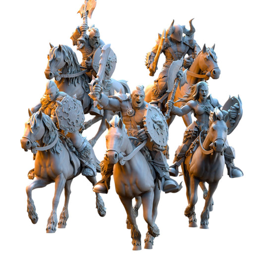 CT Miniatures UK set of five 3D printed grey resin barbarian riders with weapons and shields for tabletop gaming