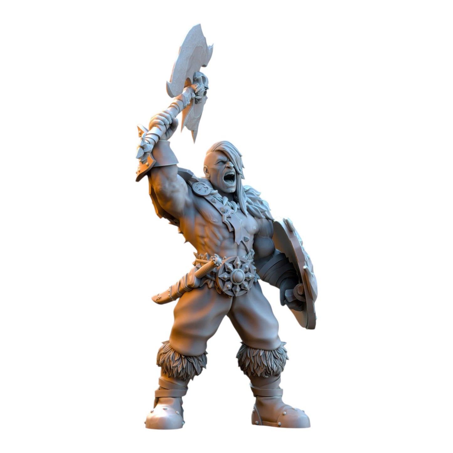 CT Miniatures UK 32mm grey resin barbarian sergeant miniature with axe and shield for fantasy tabletop gaming