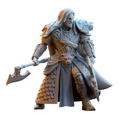 CT Miniatures UK Bear Guardian elf warrior miniature in grey resin with axe and bear-themed armor for tabletop games