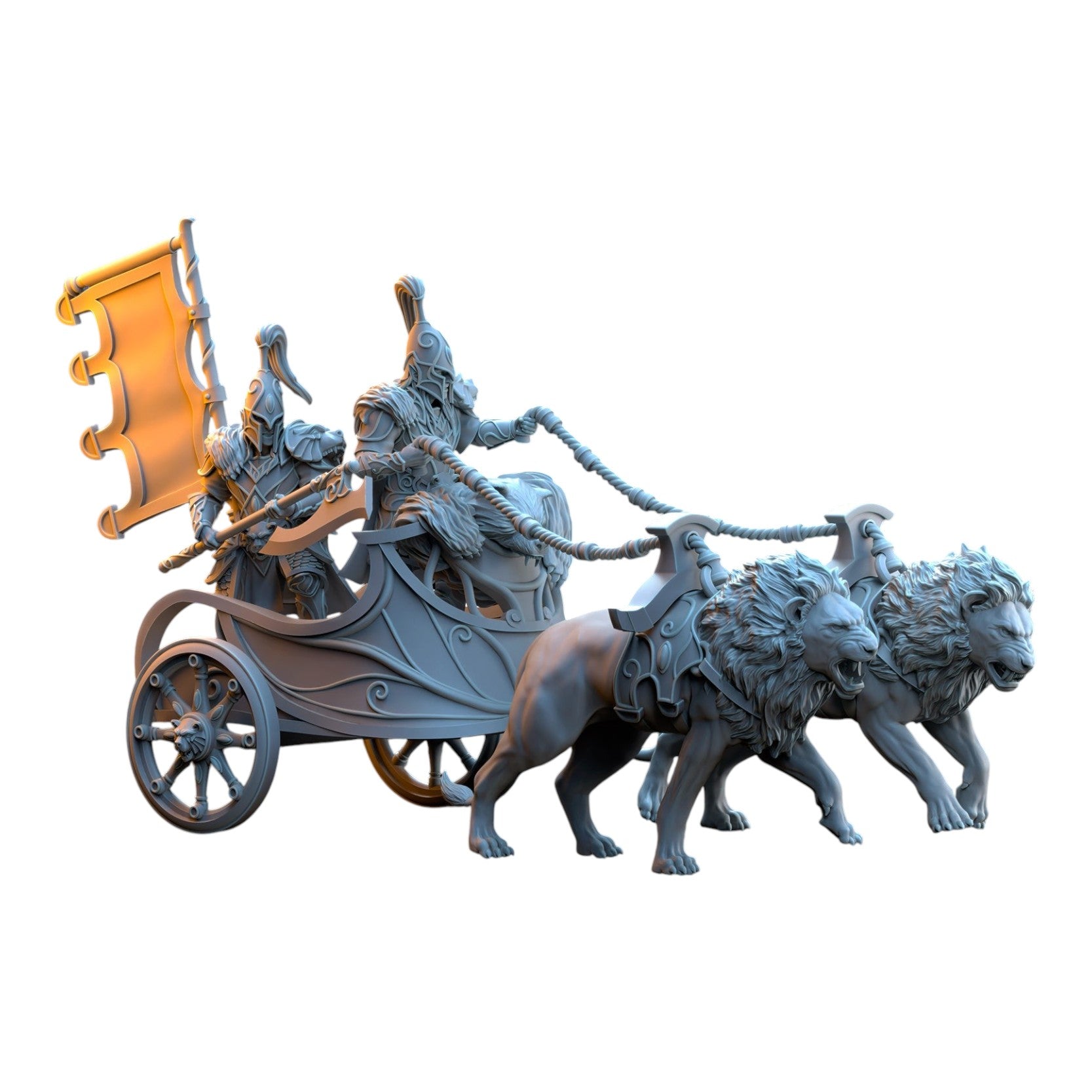 CT Miniatures UK Bear Guardians Chariot 3D printed grey resin fantasy miniature with two lion steeds and elf riders