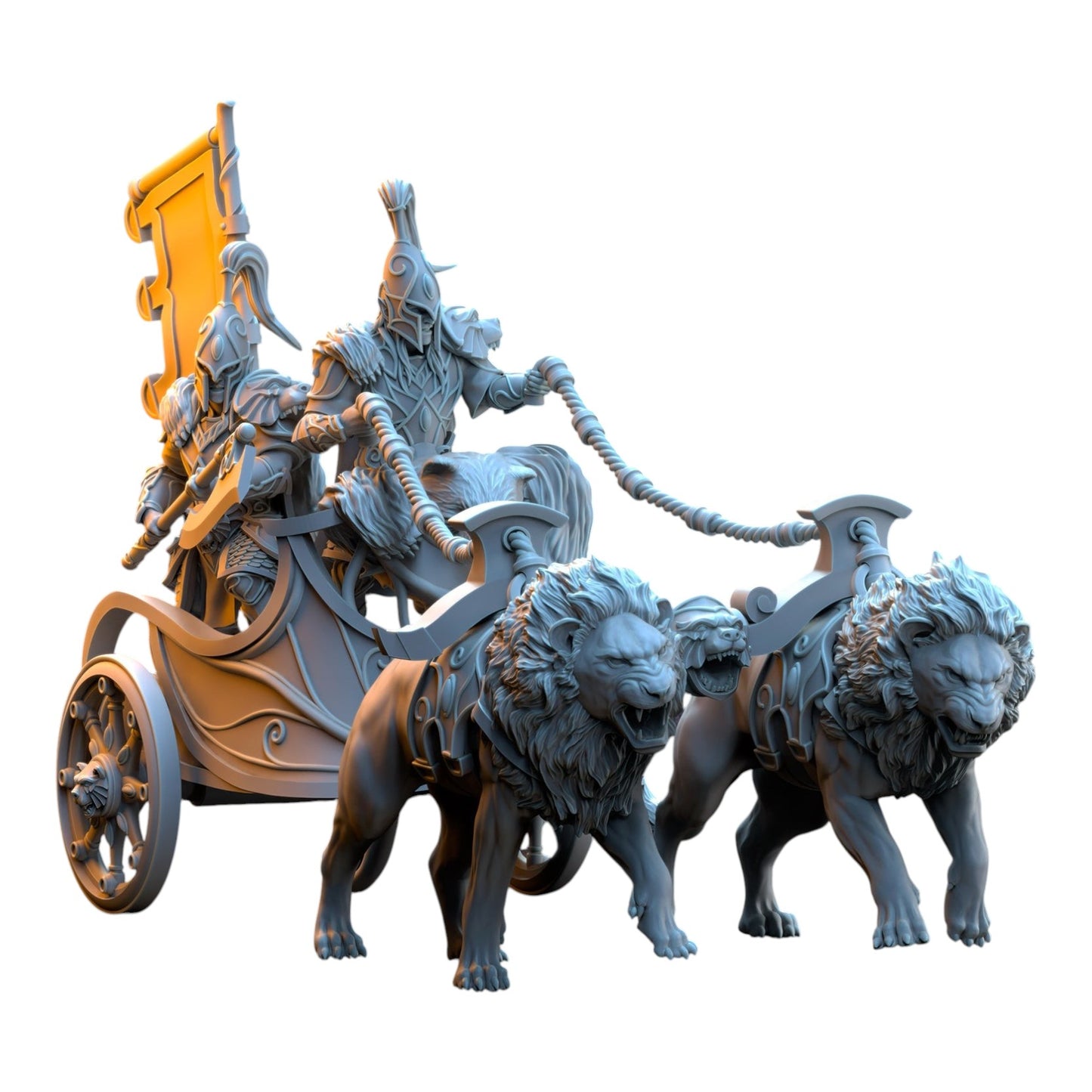 CT Miniatures UK Bear Guardians Chariot featuring two armored Silvermoor Elves pulled by two snarling lions in grey resin