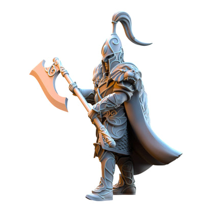 CT Miniatures UK Bear Guardians Silvermoor Elves resin miniature in grey with ornate armor and a large battle axe