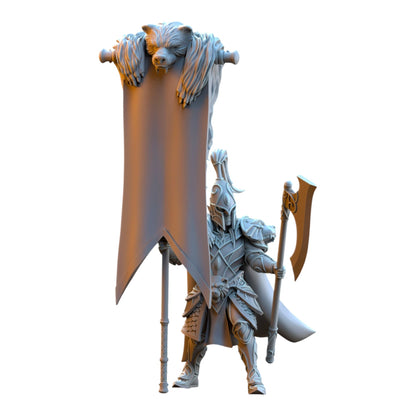 CT Miniatures UK Silvermoor Elves Bear Guardians command group miniature in grey resin with banner and axe