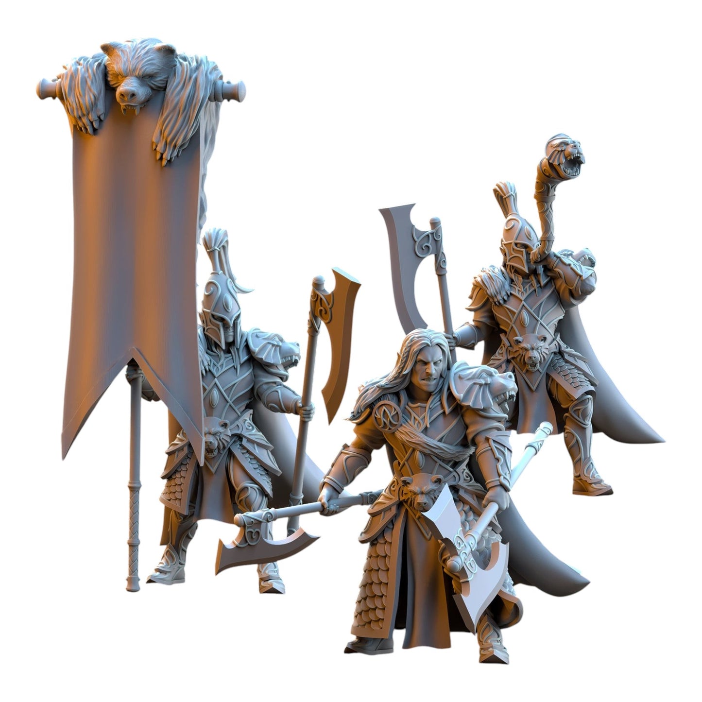 CT Miniatures UK Bear Guardians Command Group 32mm grey resin fantasy elf miniatures with axes and bear banner