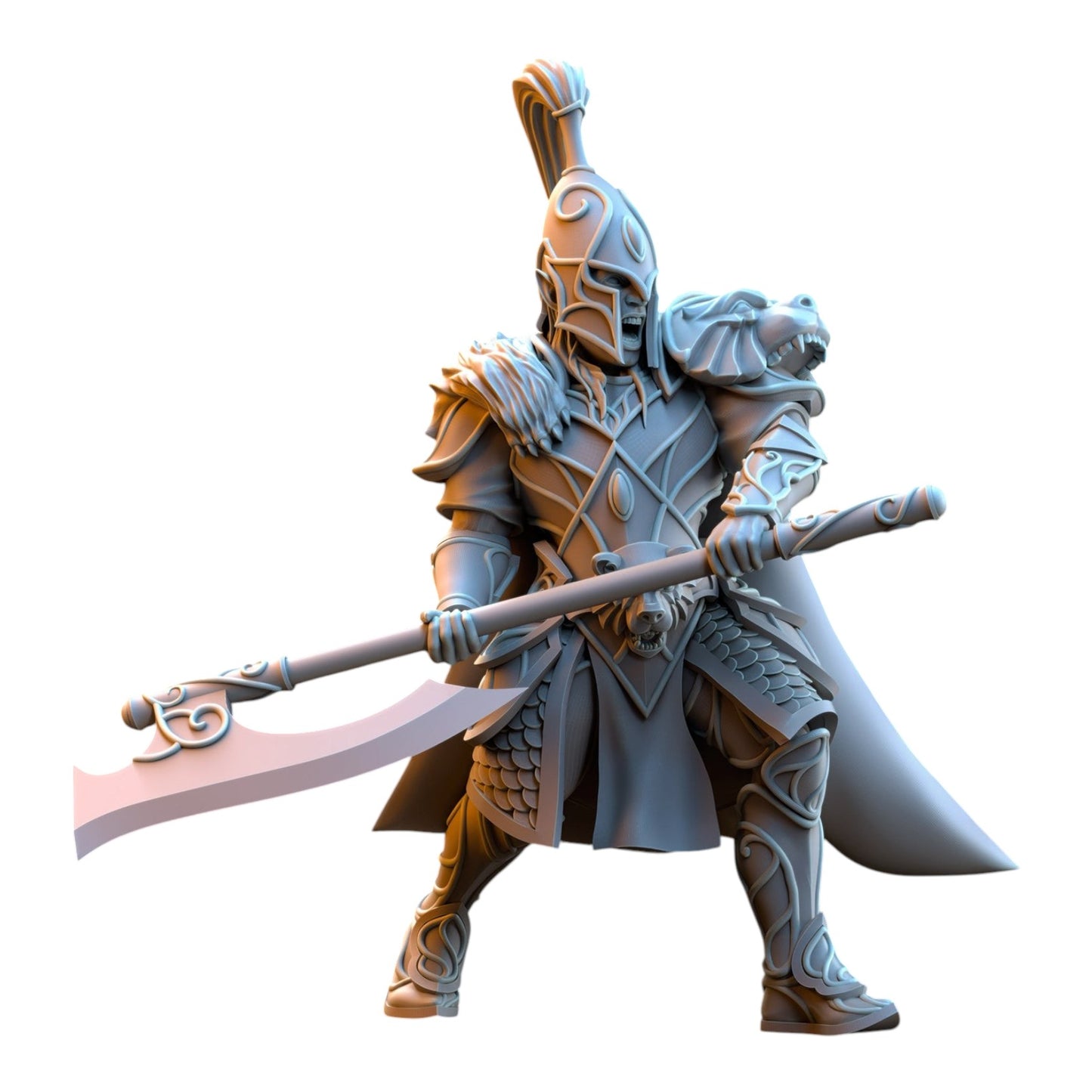 CT Miniatures UK Bear Guardians Silvermoor Elves grey resin miniature warrior with a poleaxe and bear shoulder armor.
