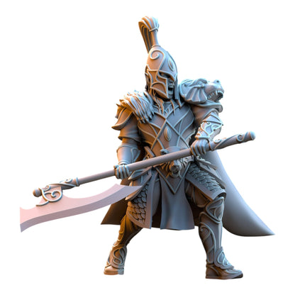 CT Miniatures UK Bear Guardians Silvermoor Elves grey resin miniature warrior with a poleaxe and bear shoulder armor.