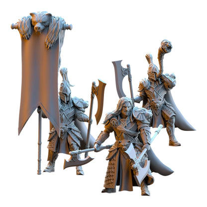 CT Miniatures UK Bear Guardians Silvermoor Elves 32mm grey resin fantasy wargaming miniatures with axes and banners