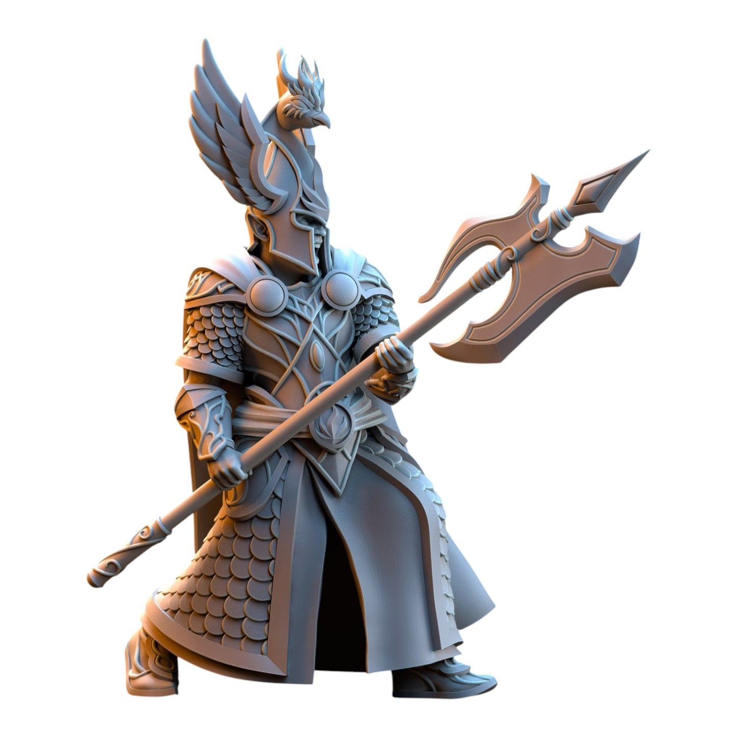 CT Miniatures UK Searing Bird Guardian elf warrior miniature in grey resin with bird-crested helmet and poleaxe.