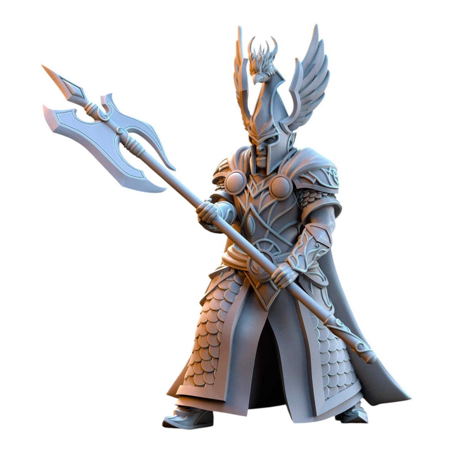 CT Miniatures UK Searing Bird Guardian elf warrior miniature in grey resin holding a polearm with winged helmet