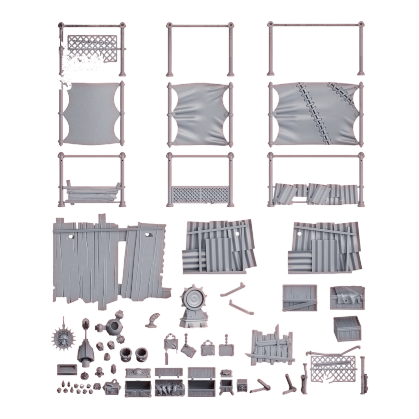 CT Miniatures UK Black Market Terrain Set: 63-piece post-apocalyptic resin wargaming terrain with shelters, barricades, crates, and mechanical elements.