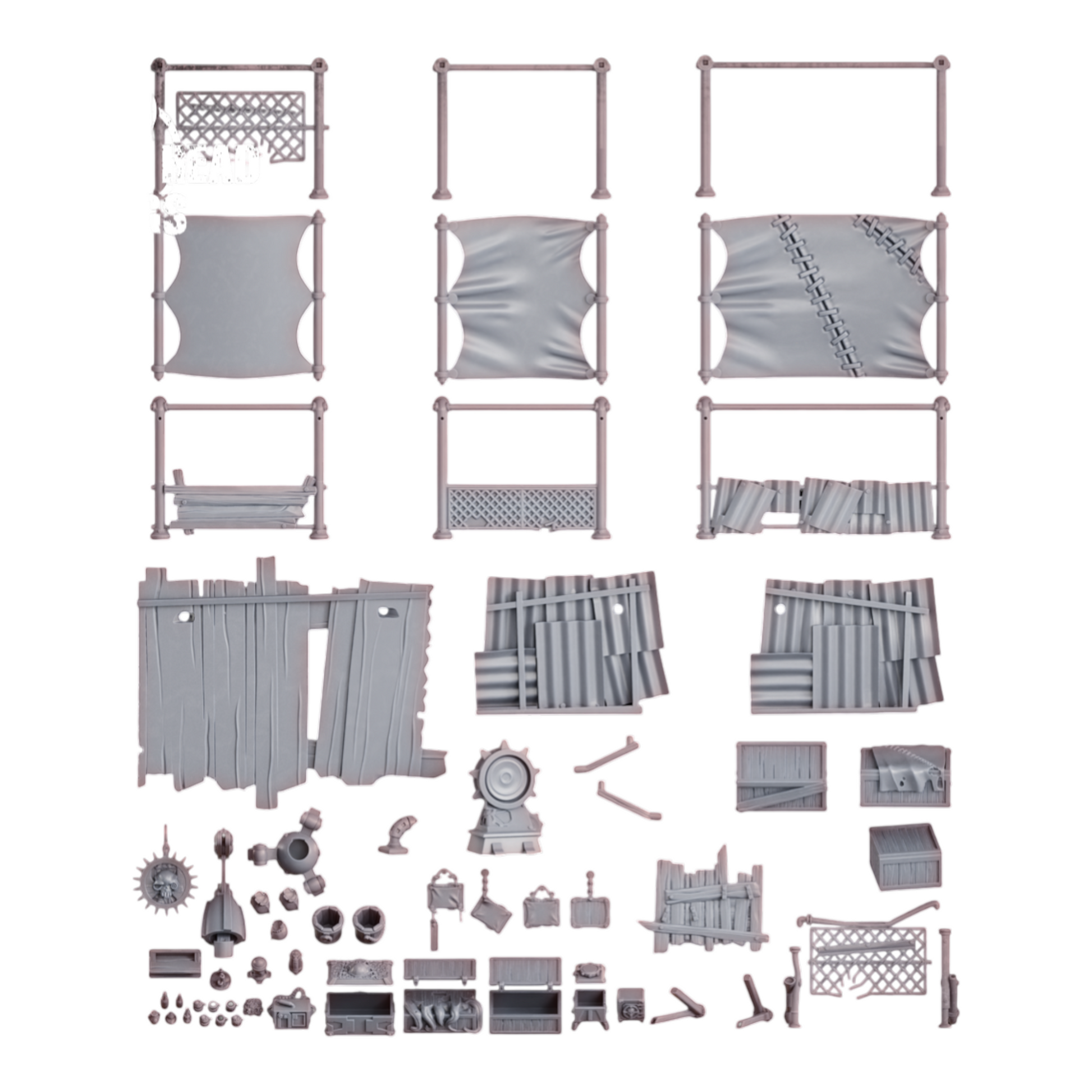 CT Miniatures UK Black Market Terrain Set: 63-piece post-apocalyptic resin wargaming terrain with shelters, barricades, crates, and mechanical elements.