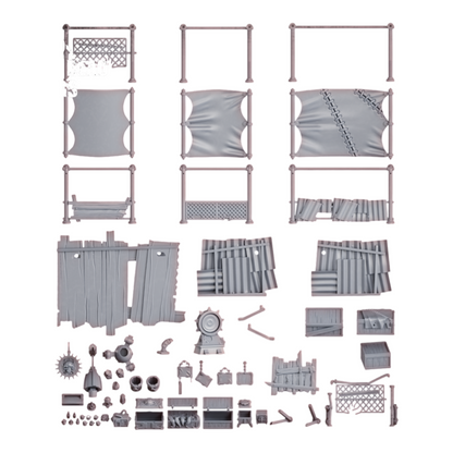 CT Miniatures UK Black Market Terrain Set: 63-piece post-apocalyptic resin wargaming terrain with shelters, barricades, crates, and mechanical elements.